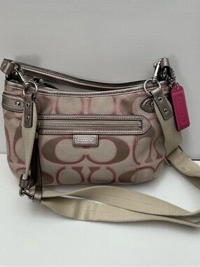 Coach Vintage Daisy Outline Beige and Pink Signature Canvas Crossbody Bag